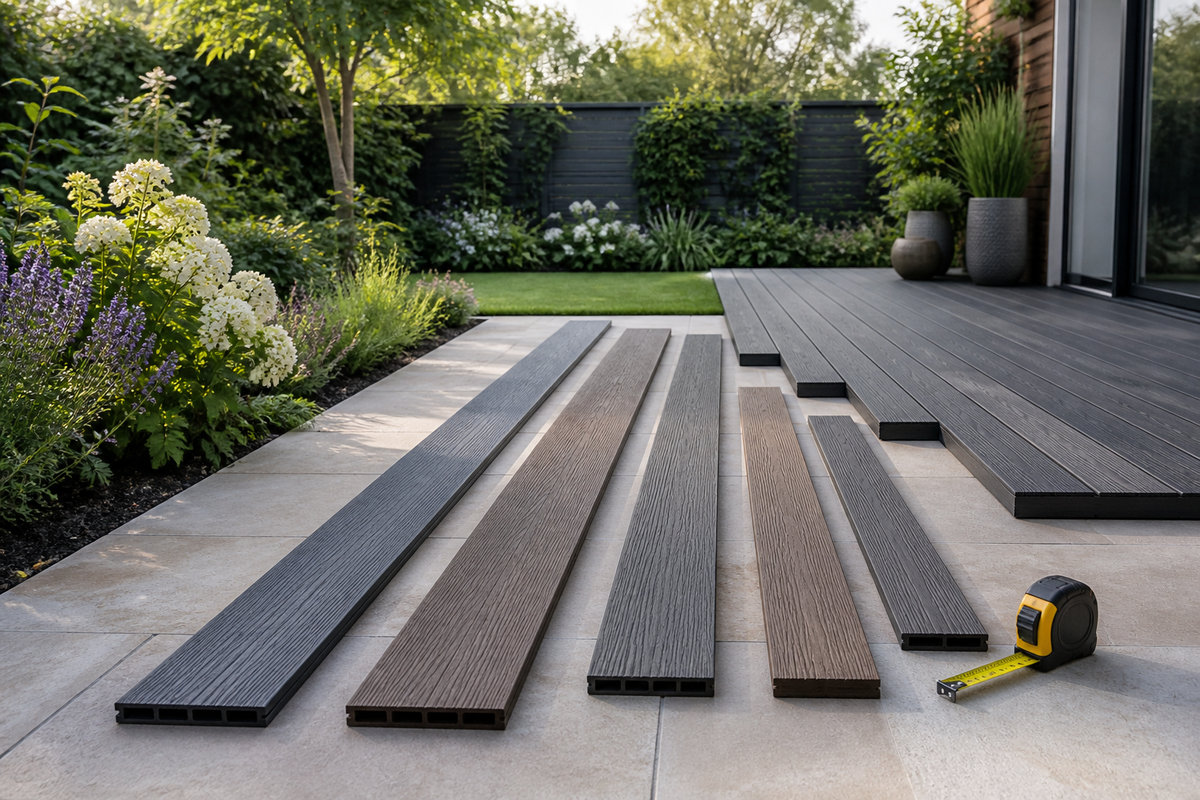 Composite decking boards in different lengths arranged for measuring beside a garden deck
