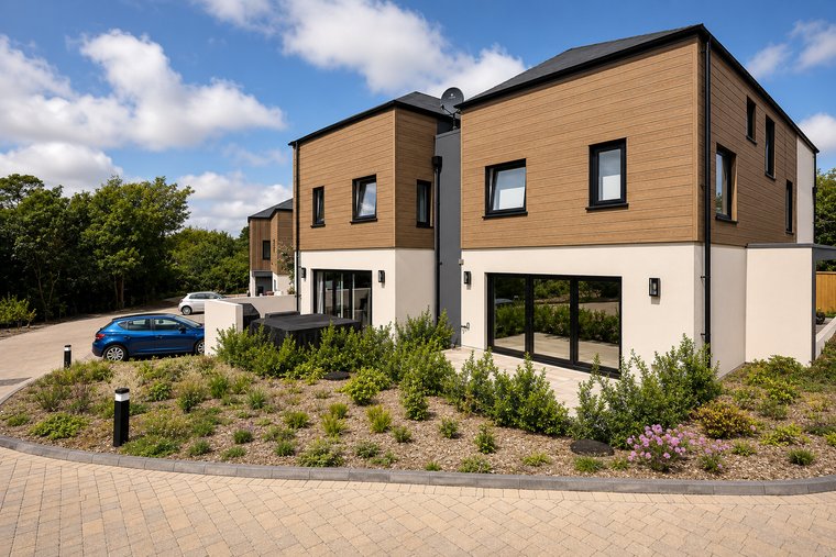 Teak composite cladding installed on modern house exteriors