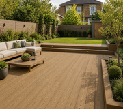 Teak composite decking in a landscaped garden seating area