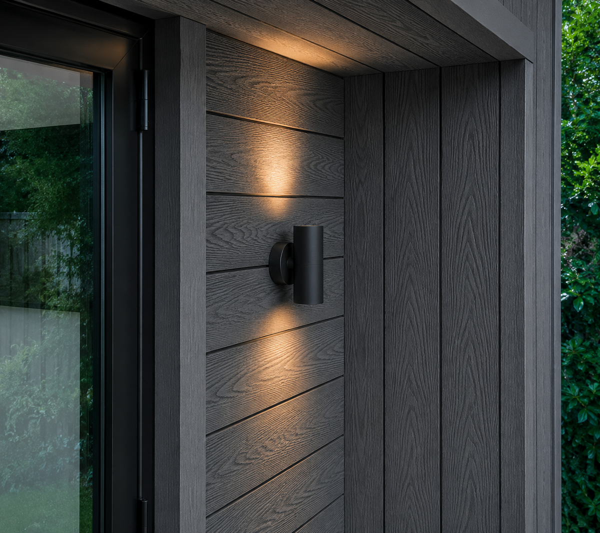 Dark grey composite cladding installed around a modern doorway