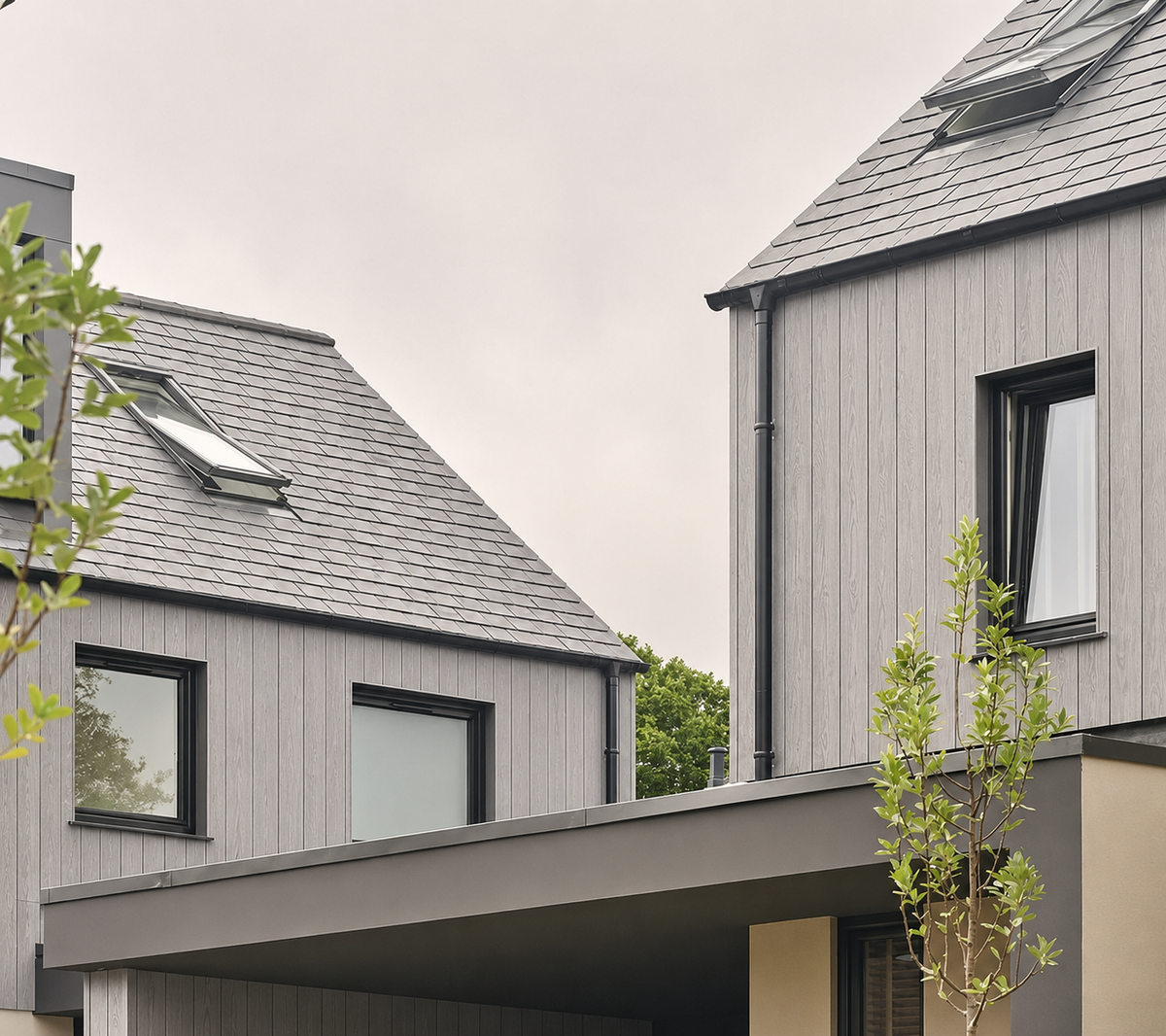 Light grey composite cladding on contemporary house exteriors