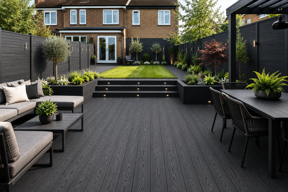 Dark grey composite decking in a landscaped garden with steps