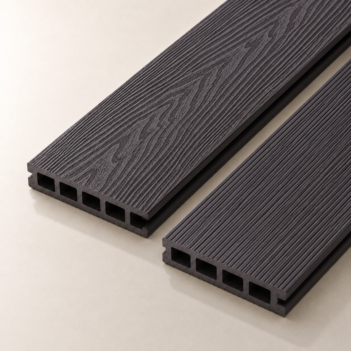 Two coffee composite decking boards on a light background