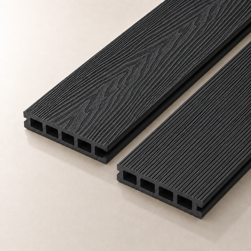 Two charcoal composite decking boards on a light background