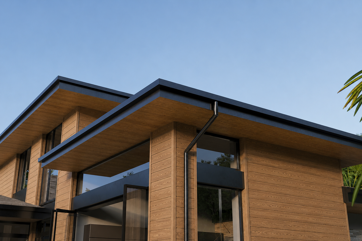 Teak composite cladding on a contemporary glazed house
