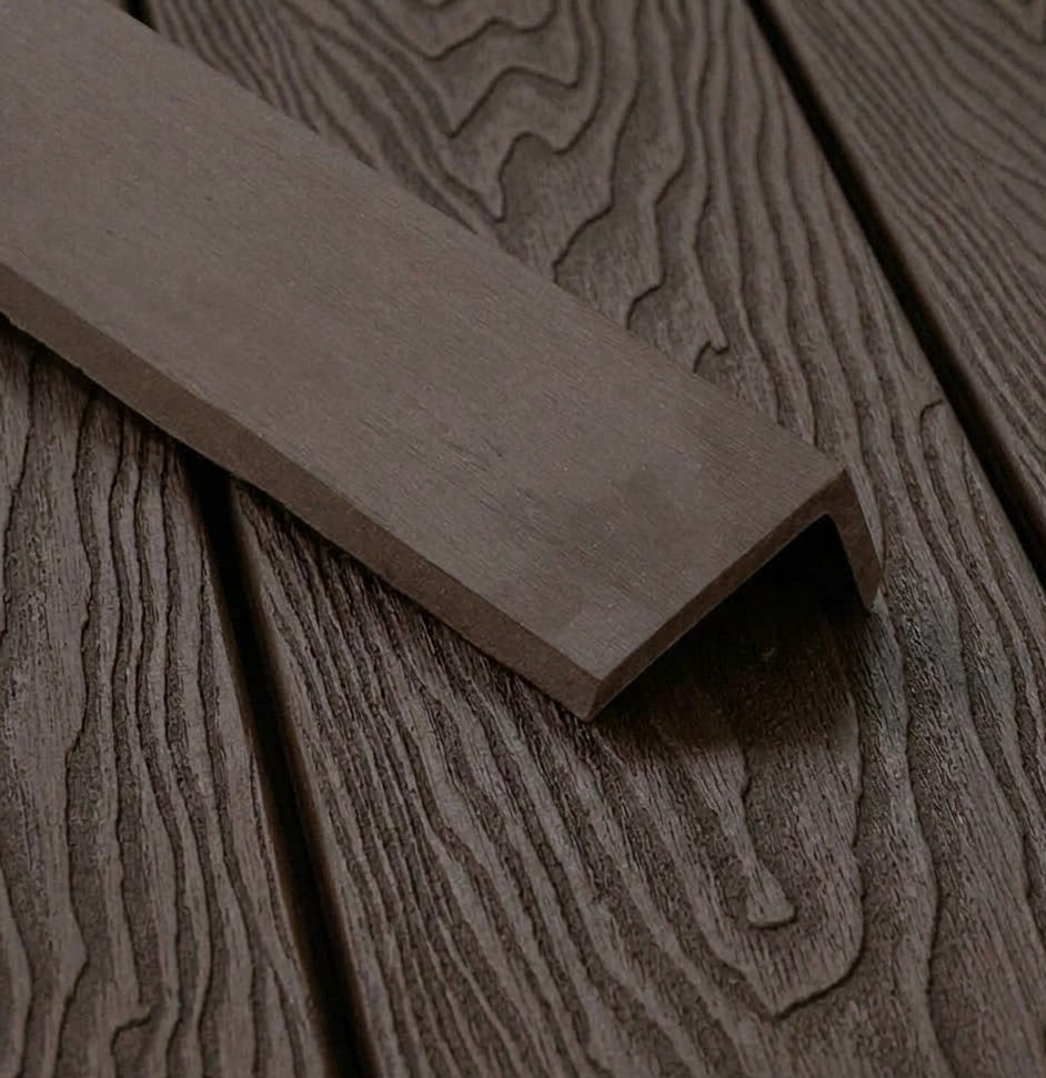 Coffee composite L trim positioned on matching decking