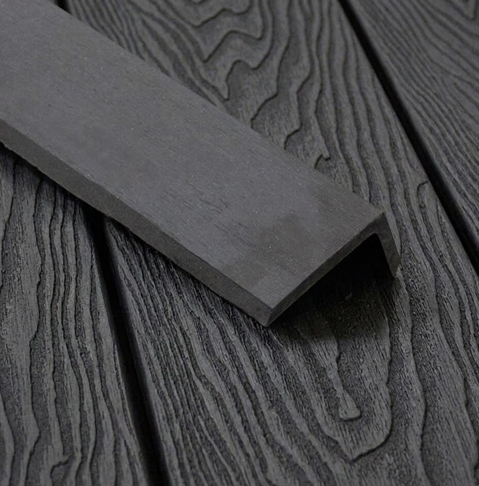 Dark grey composite L trim positioned on matching decking