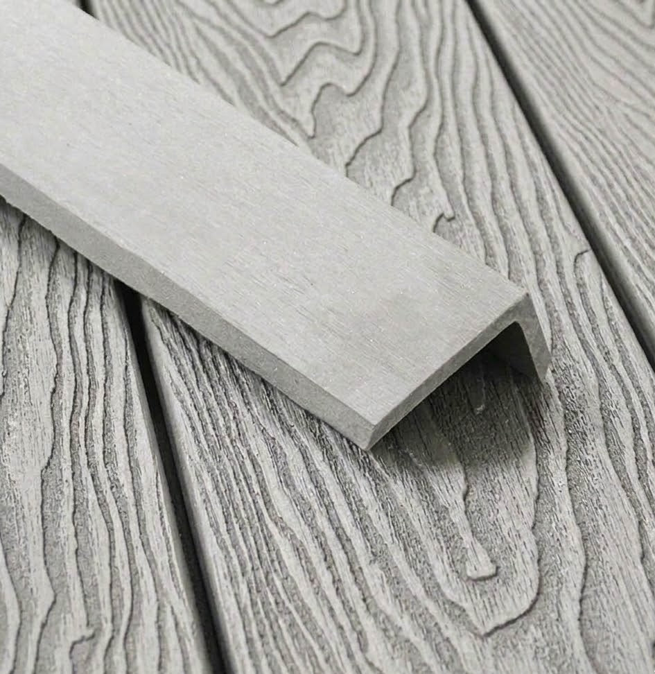 Light grey composite L trim positioned on matching decking