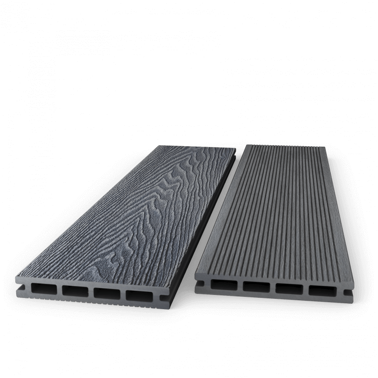 Two dark grey composite decking boards showing woodgrain and grooved faces