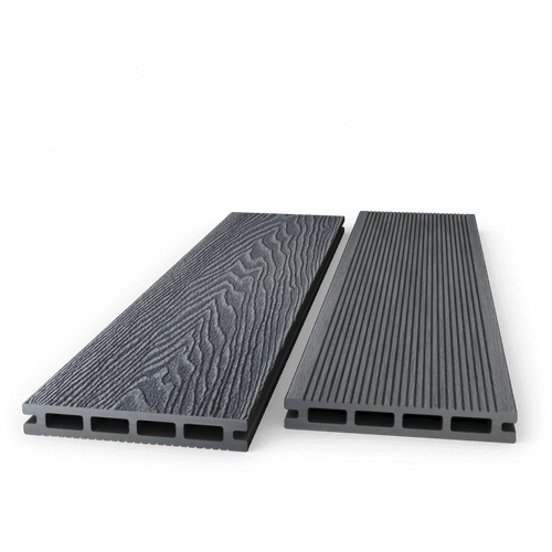 Two dark grey composite decking boards showing woodgrain and grooved faces