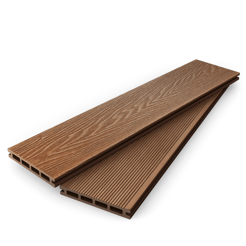 Stacked coffee composite decking boards showing woodgrain and grooved faces