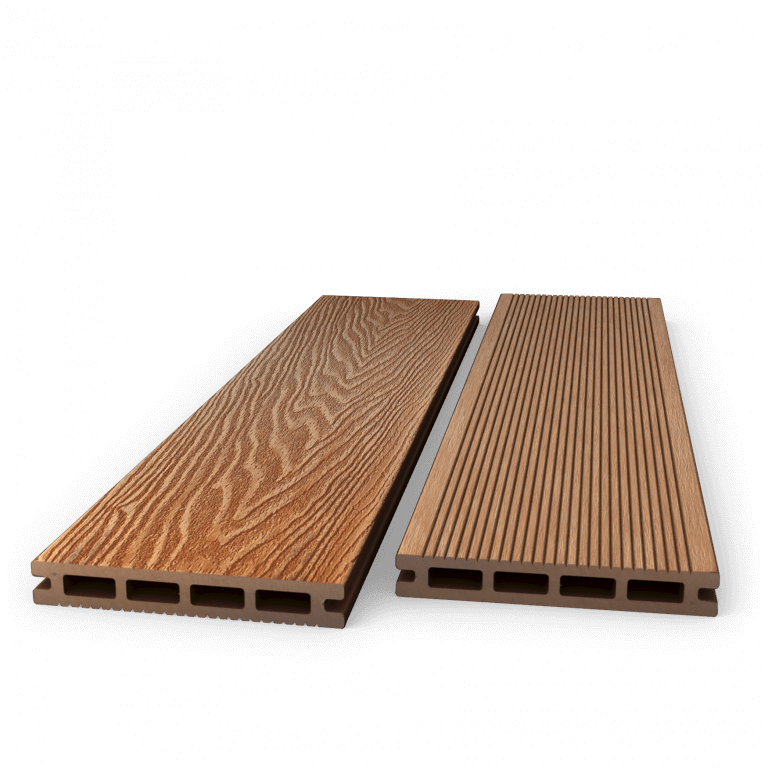 Two coffee composite decking boards showing woodgrain and grooved faces