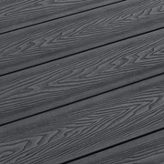 Close-up of dark grey composite decking woodgrain surface