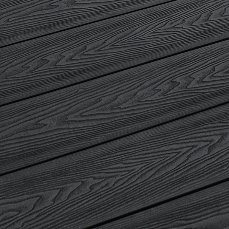 Close-up of charcoal composite decking woodgrain surface