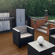 Coffee composite decking with an outdoor kitchen and seating