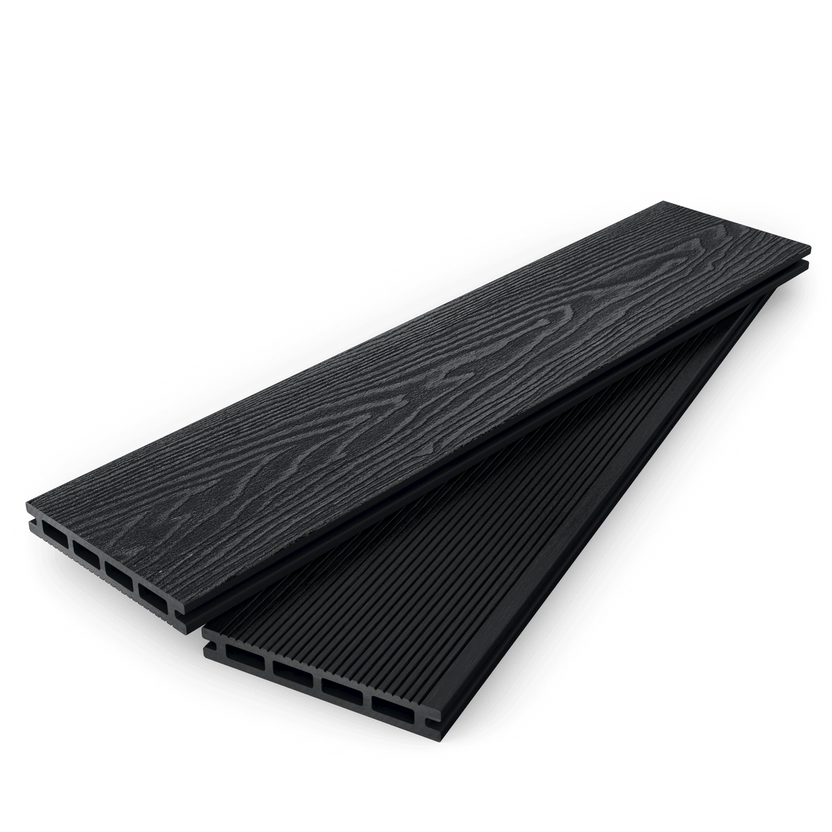 Stacked charcoal composite decking boards showing woodgrain and grooved faces