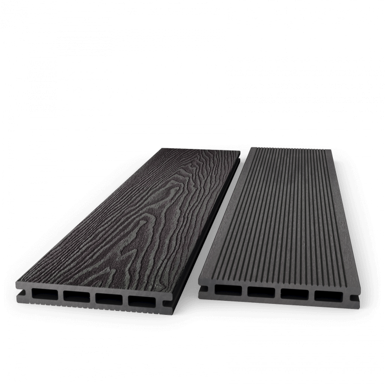 Two charcoal composite decking boards showing woodgrain and grooved faces