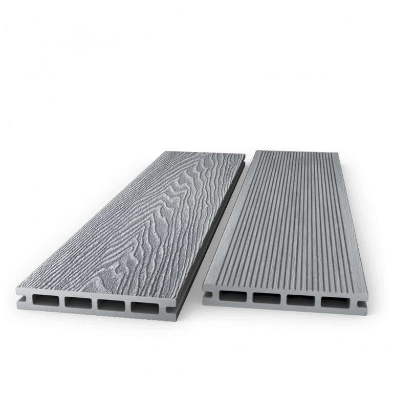 Two light grey composite decking boards showing woodgrain and grooved faces