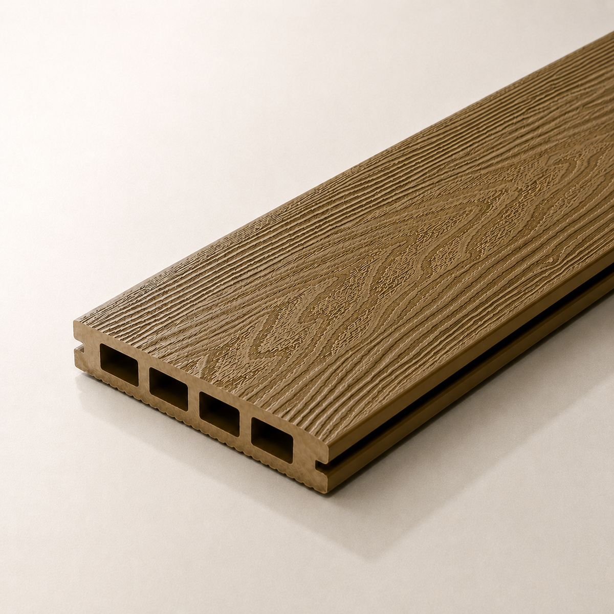 Single teak composite decking board on a light background