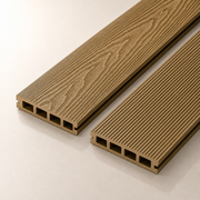 Two teak composite decking boards on a light background
