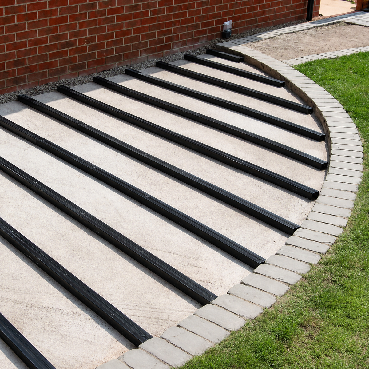 Black composite joists laid for a curved decking installation