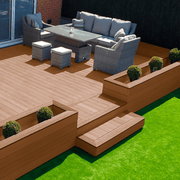Raised coffee composite deck with steps, seating and planters