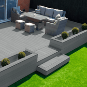 Raised dark grey composite deck with steps, seating and planters